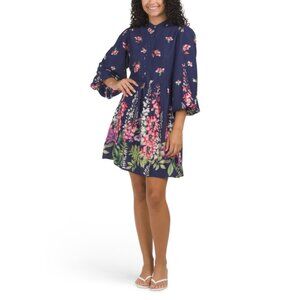 CELINA MOON Blue Floral Long Sleeve Mock Neck Floral Denim Wash Mini Dress
